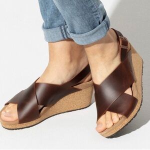 NWOT Birkenstock Papillio Samira Dark Brown Leather Cork Wedge Sandals size 37